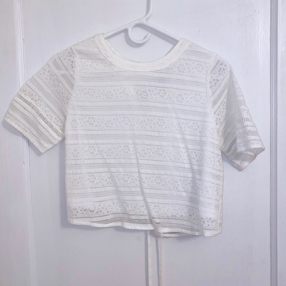 White Lace Crop Top With Tie Back